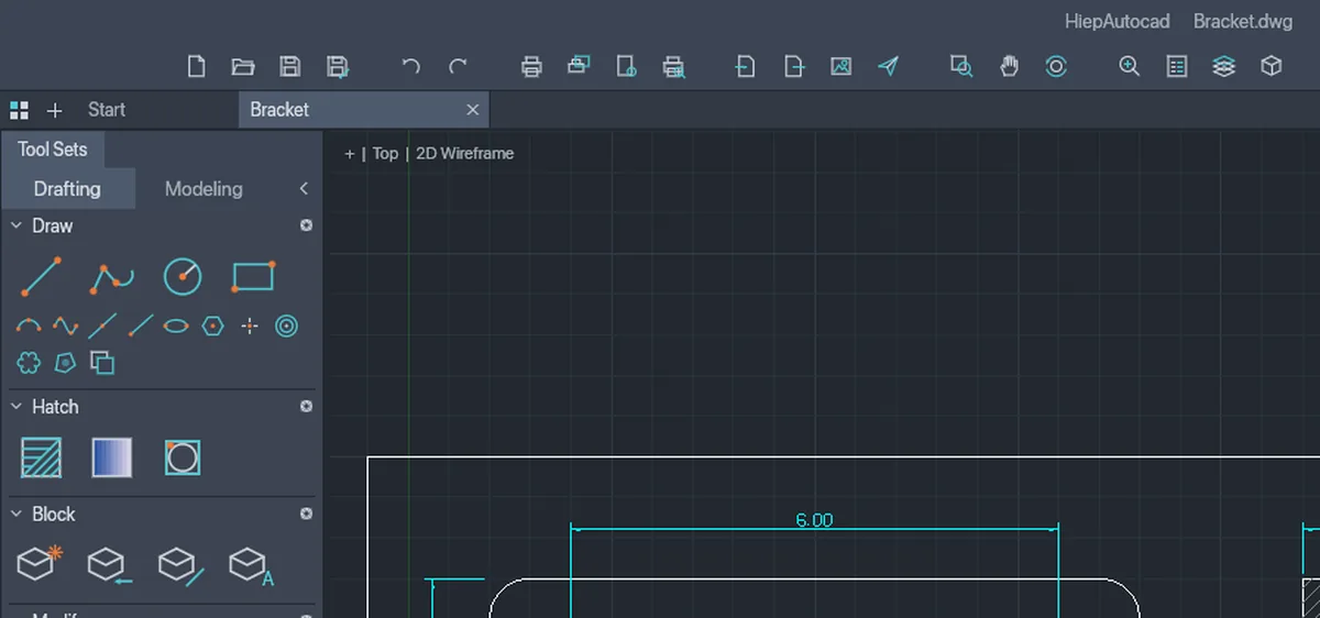 Cận cảnh thanh công cụ và vùng làm việc của HiepAutocad